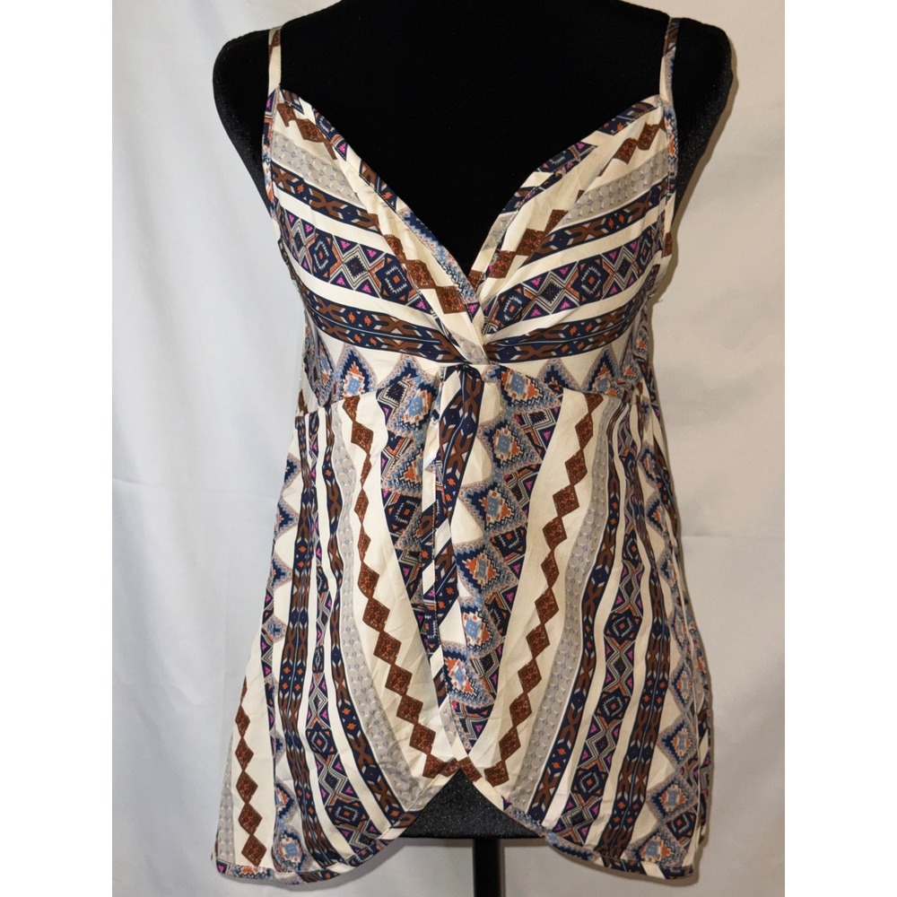 Boho Geometric Tribal Print Twist Front Camisole Top Blue Brown Cream Large